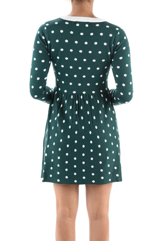 Yemak Women's Long Sleeve Baby Doll Polka Dot Patterned Sweater Dress MK3447