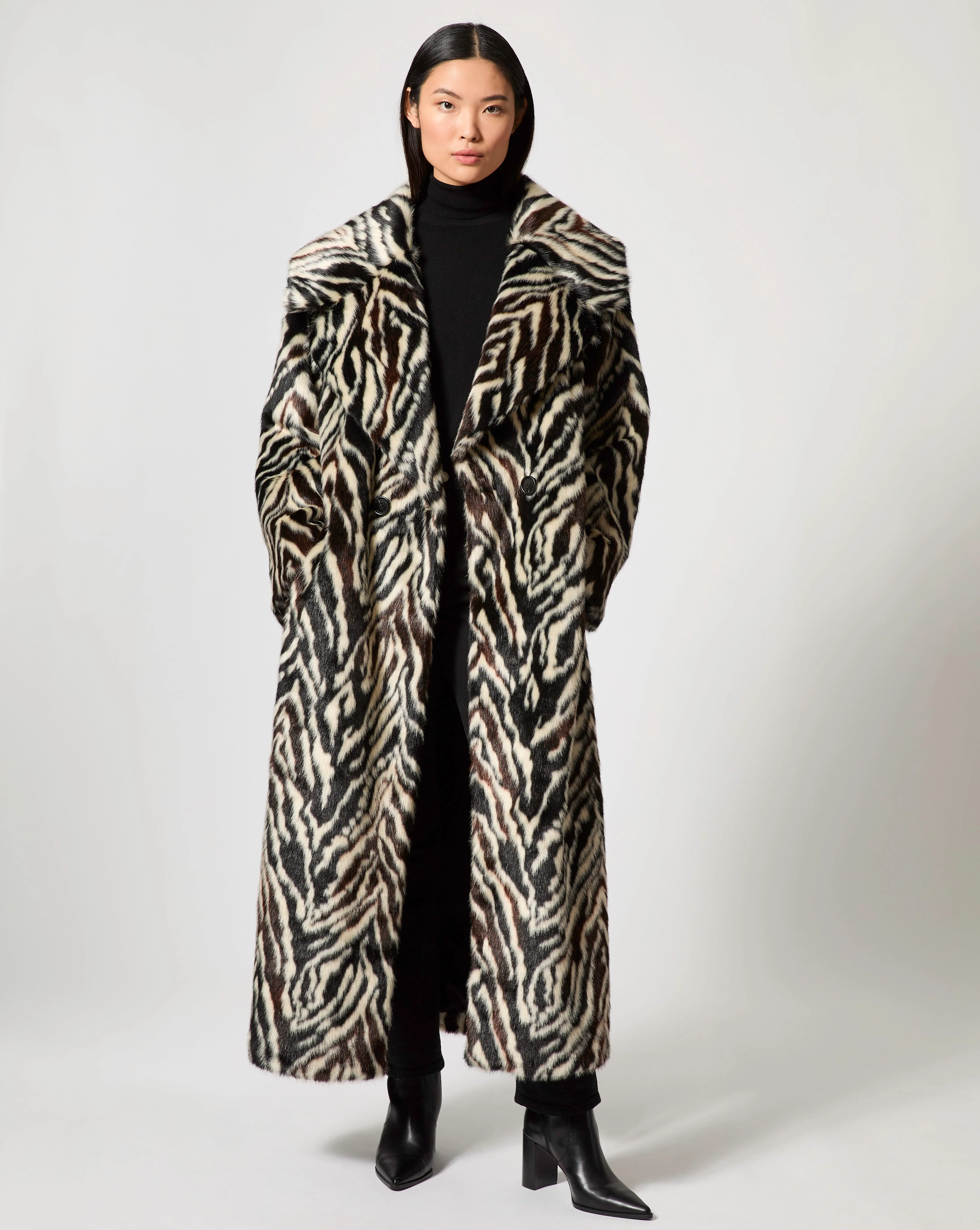 Zebra Printed Faux Fur Coat